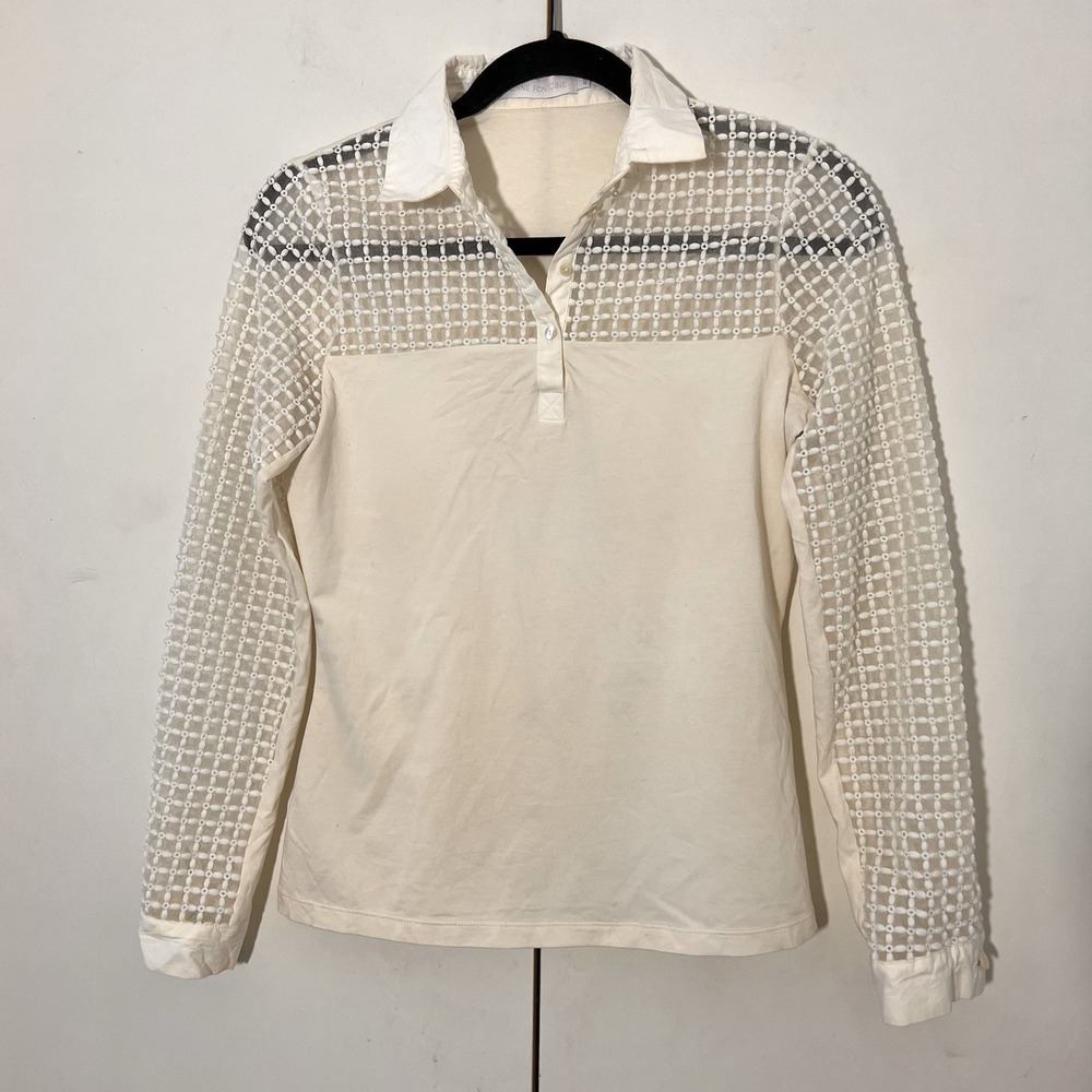 Anne Fontaine Top Size 40 Ivory Eyelet Sheer Lattice Long Sleeve Quiet Luxury